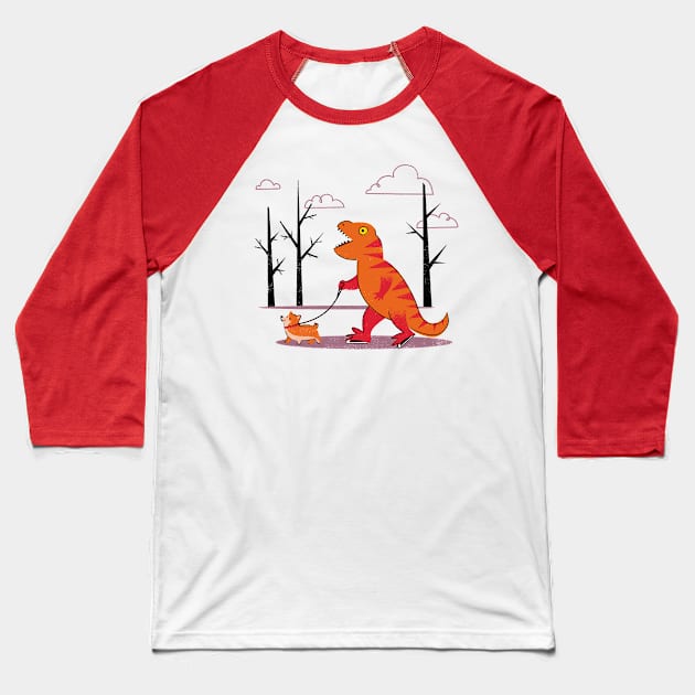 T-Rex Walking a Corgi Baseball T-Shirt by grrrenadine